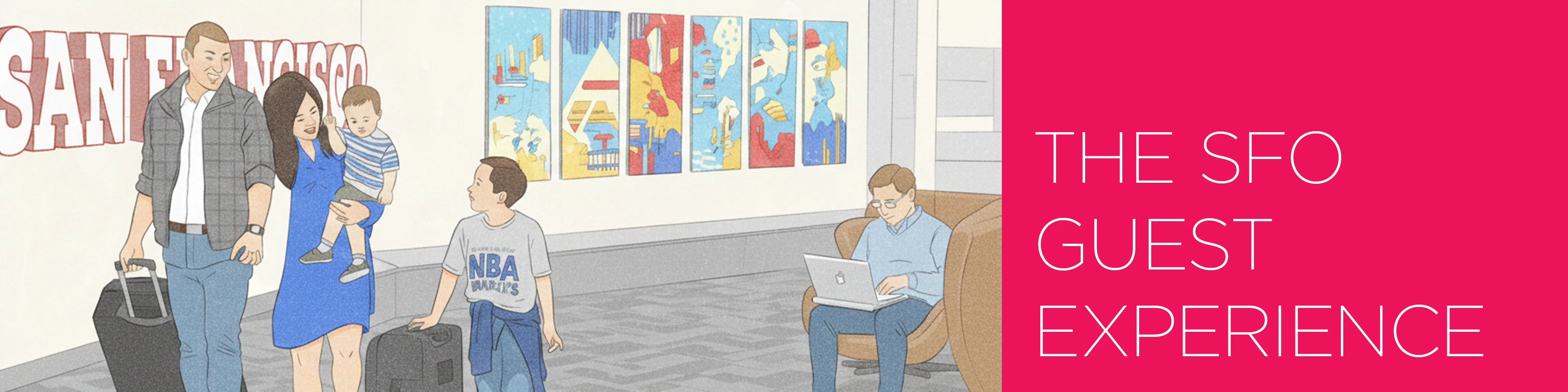 Vector drawing of passengers at SFO baggage claim